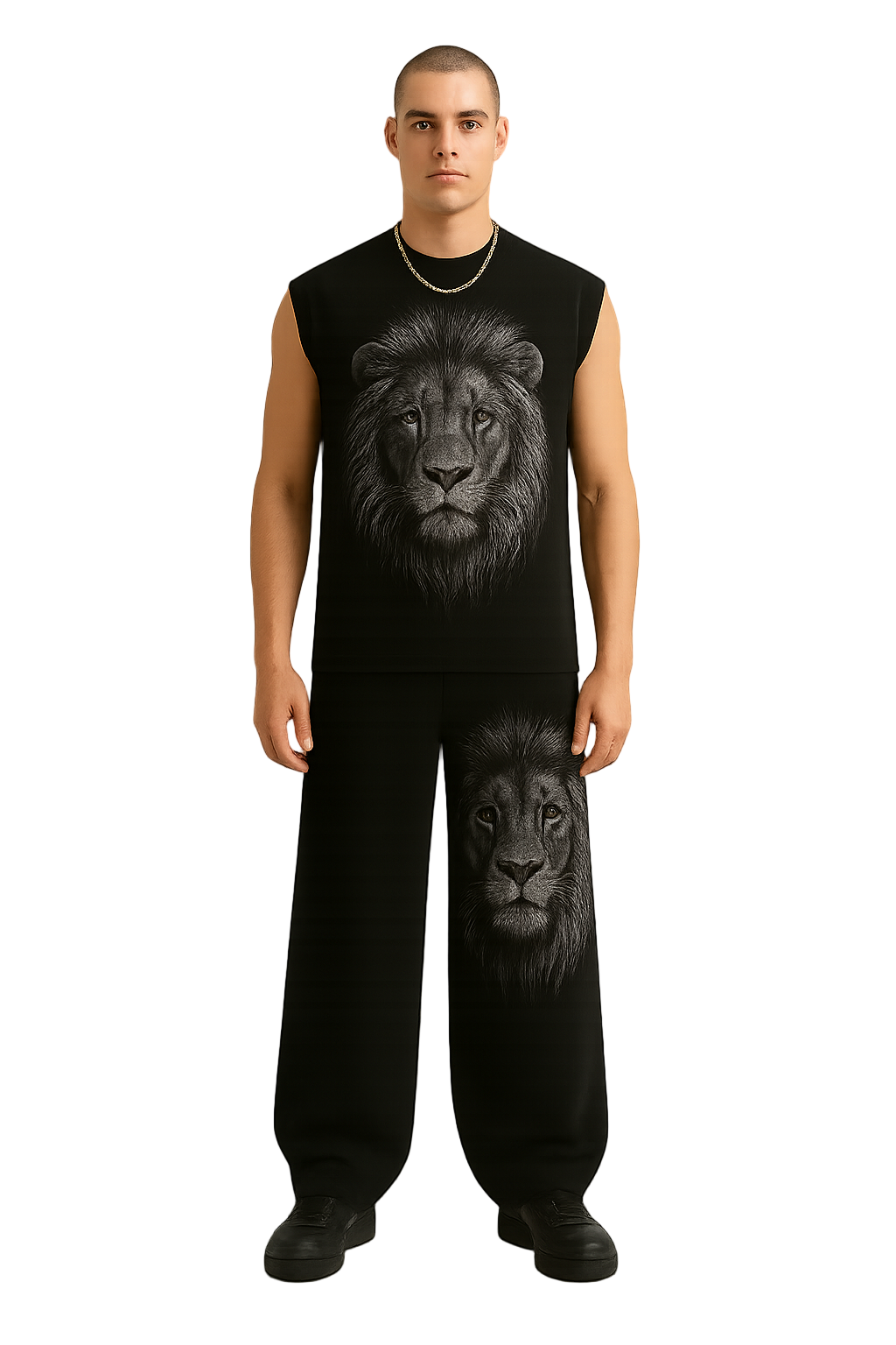 SHREEMSY Black Lion Graphic Sleeveless Tracksuit Set