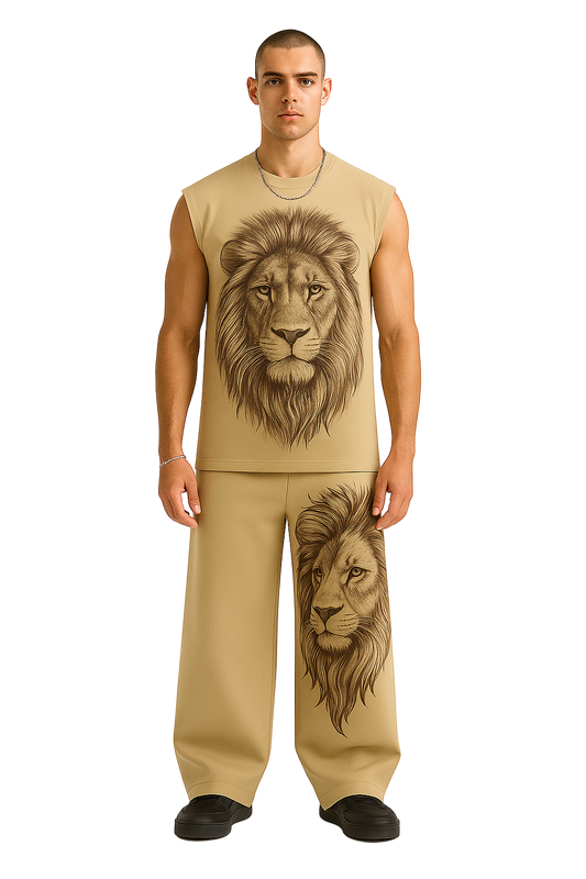 SHREEMSY Beige Lion Graphic Sleeveless Tracksuit Set