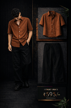 Men’s Premium Rust Brown Printed Shirt with Black Trouser Combo Set | Stylish Casual Outfit for Men | Regular Fit