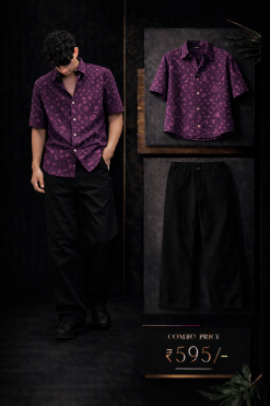 Men’s Premium Purple Printed Shirt with Black Trouser Combo Set | Stylish Casual Outfit for Men | Regular Fit