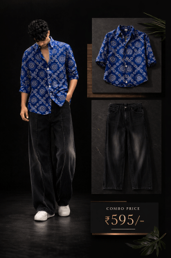 Men’s Premium Blue Printed Shirt with Black Denim Jeans Combo Set | Stylish Casual Outfit for Men | Regular Fit