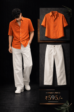 Men’s Premium Orange Printed Shirt with Off White Trouser Combo Set | Stylish Casual Outfit for Men | Regular Fit